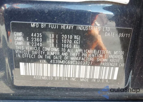 2012 Subaru Legacy 2.5I Premium z USA, uszkodzony, nr VIN 4S3BMBG69C3003727